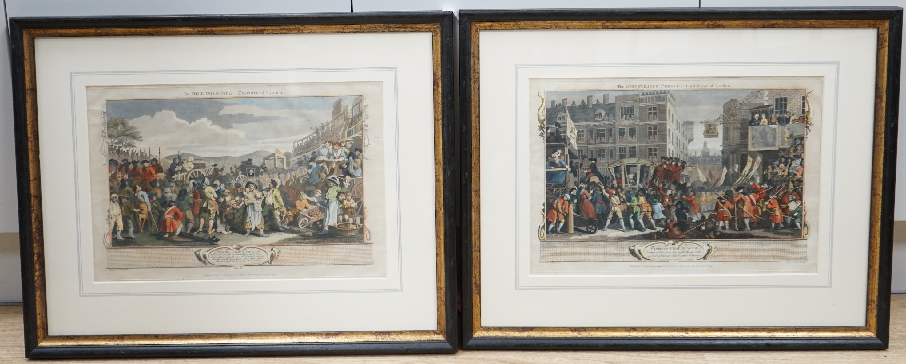 After William Hogarth (1697-1764) pair of colour engravings, ‘The Idle Prentice, Executed at Tyburn’ & ‘The Industrious Prentice, Lord Mayor of London’, publ. T Cook, 1795, 29 x 42cm